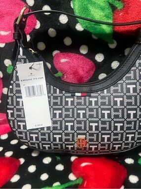 Tommy Hilfiger Black & White Jacquard Shoulder Hobo with Gold Hardware